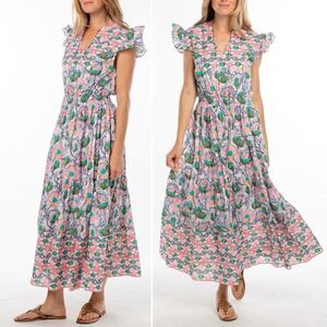 NWT Bindu Anika Dress Pink Multi Floral Ruffle Sleeve Maxi Boho Resort Sz Small